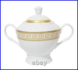 57 Piece Euro Porcelain Gold Greek Key Fine China Dinner Set for 8 Peron White