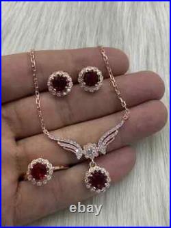 5Ct Simulated Ruby Necklace&Earrings & Ring Jewelry Set For Gift Rose Gold Over