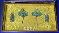 7 Old China Pure silver 24K Gold Filigree Gems tian-tsui hairpins earrings Set