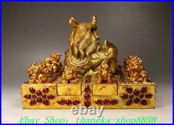7Old China Dynasty Pure Bronze Gold Fengshui Dragod Beast Pixiu Seal Stamp Set