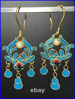 8 Old Pure silver 24K Gold Filigree Gems tian-tsui flower hairpins earrings Set