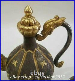 8 Pure Silver 24K Gold Ancient Dragon Handle Wine Pot Flagon Cup Set