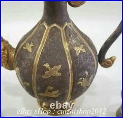 8 Pure Silver 24K Gold Ancient Dragon Handle Wine Pot Flagon Cup Set