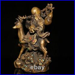 8 old China Pure copper set gemstone Old man riding deer statue