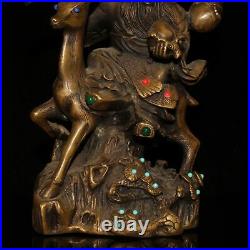 8 old China Pure copper set gemstone Old man riding deer statue