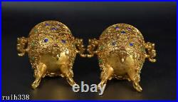 A pair China Pure copper gold set gemstone Double dragon ear glass