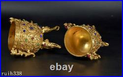 A pair China Pure copper gold set gemstone Double dragon ear glass