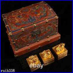 A set China the Qing dynasty Pure copper gilt seal Old lacquerware box