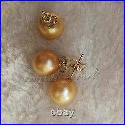 AAA 10-9 mm natural golden pearl south sea pendant earring set 18k PURE gold