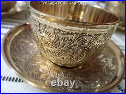 ANTIQUE Cup and Saucer Set of 6 GOLDEN DIWALI GIFT VINTAGE PURE BRASS