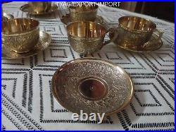 ANTIQUE Cup and Saucer Set of 6 GOLDEN DIWALI GIFT VINTAGE PURE BRASS