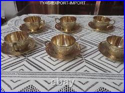 ANTIQUE Cup and Saucer Set of 6 GOLDEN DIWALI GIFT VINTAGE PURE BRASS