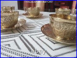 ANTIQUE Cup and Saucer Set of 6 GOLDEN DIWALI GIFT VINTAGE PURE BRASS