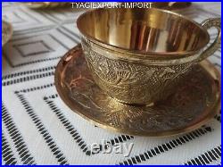 ANTIQUE Cup and Saucer Set of 6 GOLDEN DIWALI GIFT VINTAGE PURE BRASS