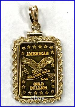 American Gold Bullion 1/10 Oz Rectangle. 999 Pure In 14k Gold Rope Bezel Pendant