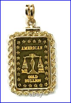 American Gold Bullion 1/10 Oz Rectangle. 999 Pure In 14k Gold Rope Bezel Pendant