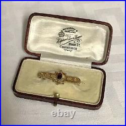 Antique 9ct Gold Bar Brooch Set With Red Spinal Gemstone. 1.48g, Perfect Gift