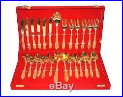 Antique Brass Gold Plated Pure Brass Engraved Premium Cutlery Set With Red Box