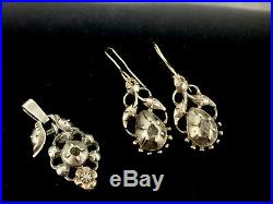 Antique Diamond Earrings Pendant Set Old Cut Mined Stones Gold 375 Perfect 1800s