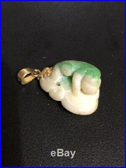 Antique Emerald Jadeite Carving Dog Pendant set in 22K Pure Solid Yellow Gold
