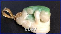 Antique Emerald Jadeite Carving Monkey & Peach 22K Pure Solid Yellow Gold