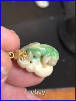 Antique Emerald Jadeite Carving Monkey & Peach 22K Pure Solid Yellow Gold