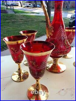 Antique Moser art glass red with gold wine glasses with decanter PERFECT set