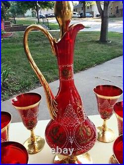 Antique Moser art glass red with gold wine glasses with decanter PERFECT set