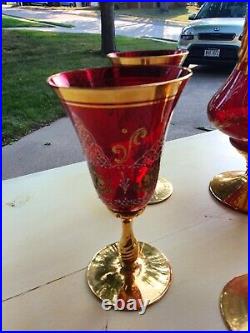 Antique Moser art glass red with gold wine glasses with decanter PERFECT set