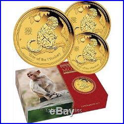 Australia 2016 Year of the Monkey Lunar Zodiac 3 Coin. 9999 Pure Gold Proof Set