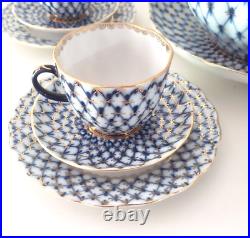 Authentic Lomonosov Russian Cobalt Blue & Gold Net Porcelain Tea Set Perfect