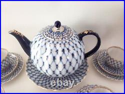 Authentic Lomonosov Russian Cobalt Blue & Gold Net Porcelain Tea Set Perfect