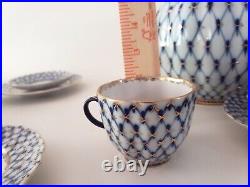 Authentic Lomonosov Russian Cobalt Blue & Gold Net Porcelain Tea Set Perfect