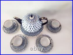 Authentic Lomonosov Russian Cobalt Blue & Gold Net Porcelain Tea Set Perfect