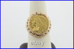 Authentic Pure 1910 $2.50 Indian Gold Coin Set in 14k Gold Ring Size 8