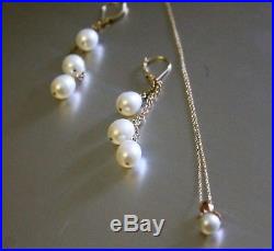 Authentic fine Pearl Jewelry set Necklace earrings. White pearls pure 14K gold