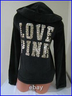 BLING Victoria Secret Pink SEQUIN BLACK VELOUR VELVET HOODIE SKINNY PANT SET XS