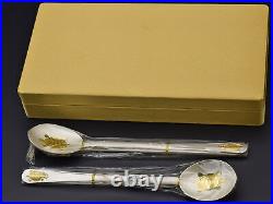 BOVIUM Korean 990 Pure Silver & 24K Gold Turtle Inlay Spoon Chopstick 4 Pc Set