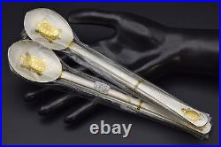 BOVIUM Korean 990 Pure Silver & 24K Gold Turtle Inlay Spoon Chopstick 4 Pc Set