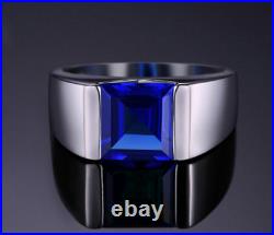 Bezel Set Deep Blue Princess Shape Sapphire In Pure 10K White Gold Men's Ring