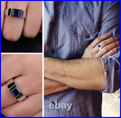 Bezel Set Deep Blue Princess Shape Sapphire In Pure 10K White Gold Men's Ring