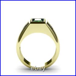 Bezel Set Emerald Male Ring Pure 10K Yellow Gold with 0.06ct Diamonds All Sizes