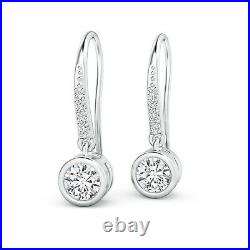 Bezel Set Solitaire Lab Created Diamond Fish Hook Dangle Earrings 14K White Gold