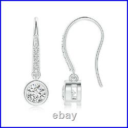 Bezel Set Solitaire Lab Created Diamond Fish Hook Dangle Earrings 14K White Gold