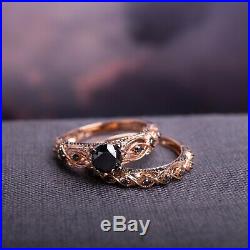 Black Diamond Pure 10k Rose Gold Wedding Band Set Women's Engagement Ring