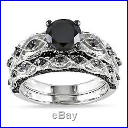 Black Diamond Pure 10k White Gold Wedding Band Set Women's Engagement Ring