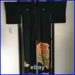 Black Tomesode Kimono Pure Silk Wave Pattern Gold Aoi No Obi Set Size Nan
