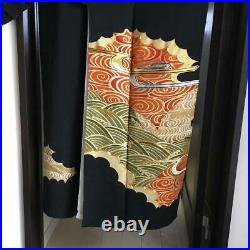 Black Tomesode Kimono Pure Silk Wave Pattern Gold Aoi No Obi Set Size Nan
