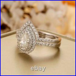 Bridal Set Precious Moissanite Engagement Ring Pure 14k White Gold 3 CT Pear Cut