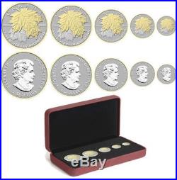 Canada 2014 Gold Plated'Fractional Set of 5 Pure Silver Maple Leaf' Coin Set